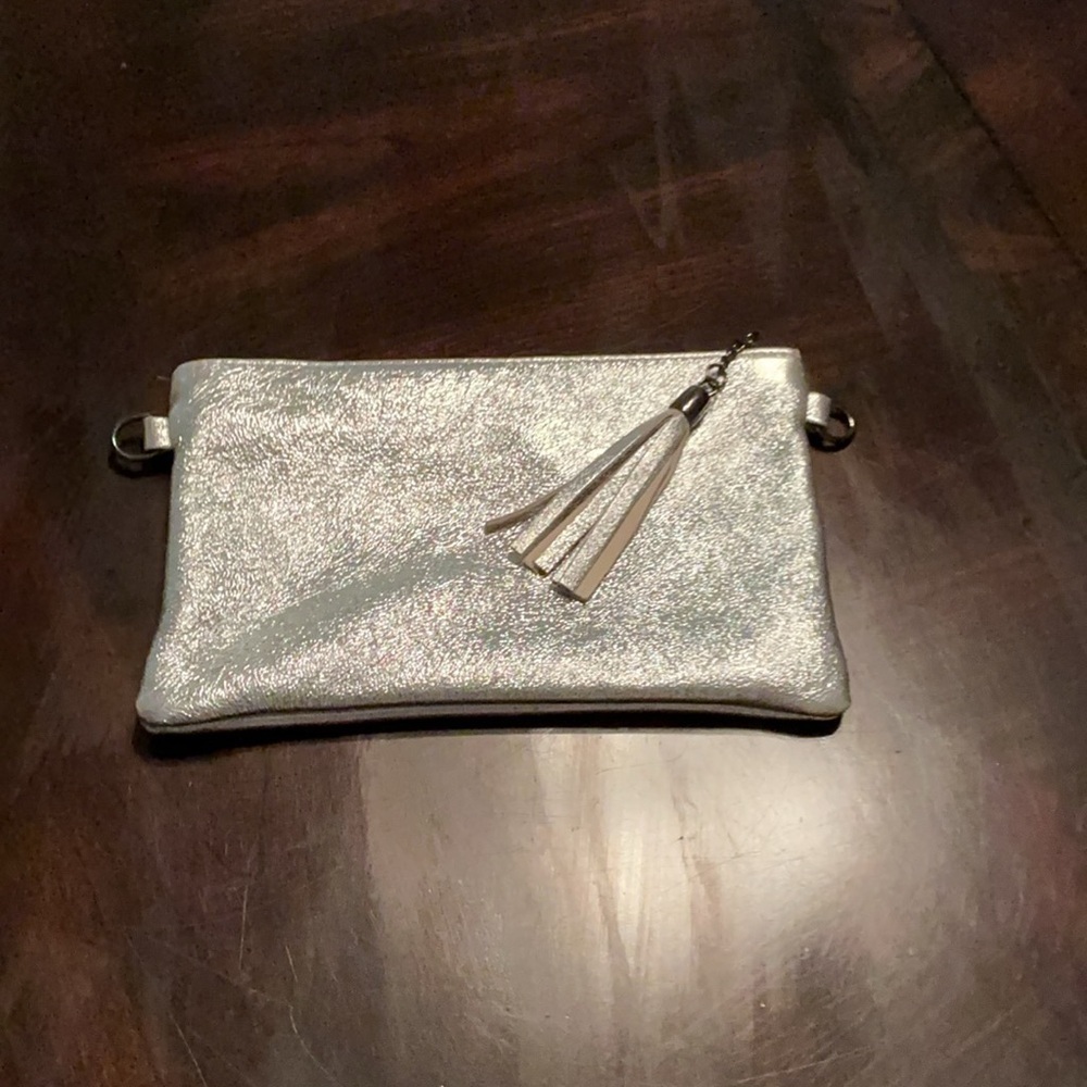 Silver Textured Clutch with Tassel Accent